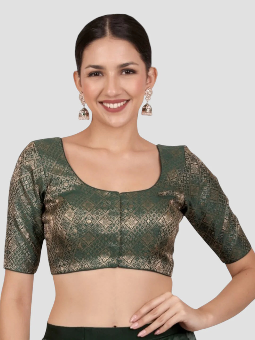 Bottle green Brocade Padded Readymade Saree Blouse