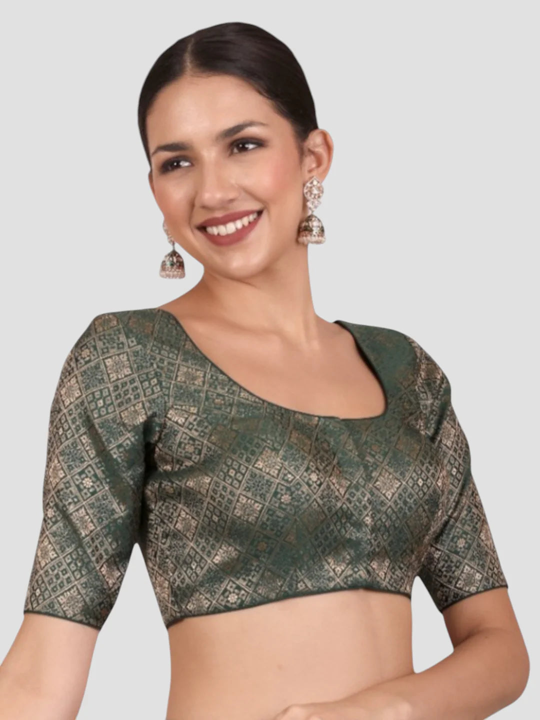 Bottle green Brocade Padded Readymade Saree Blouse