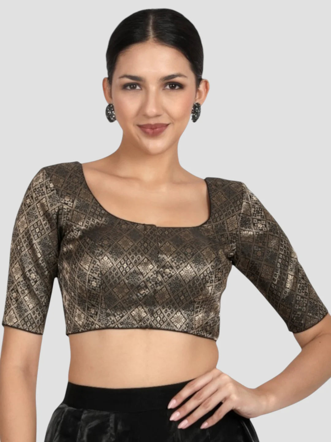 Black Brocade Padded Readymade Saree Blouse