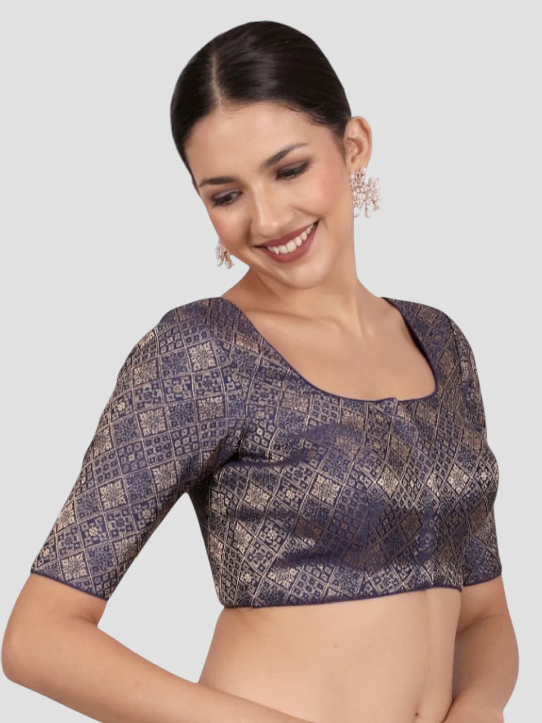 Navy Blue Brocade Padded Readymade Saree Blouse