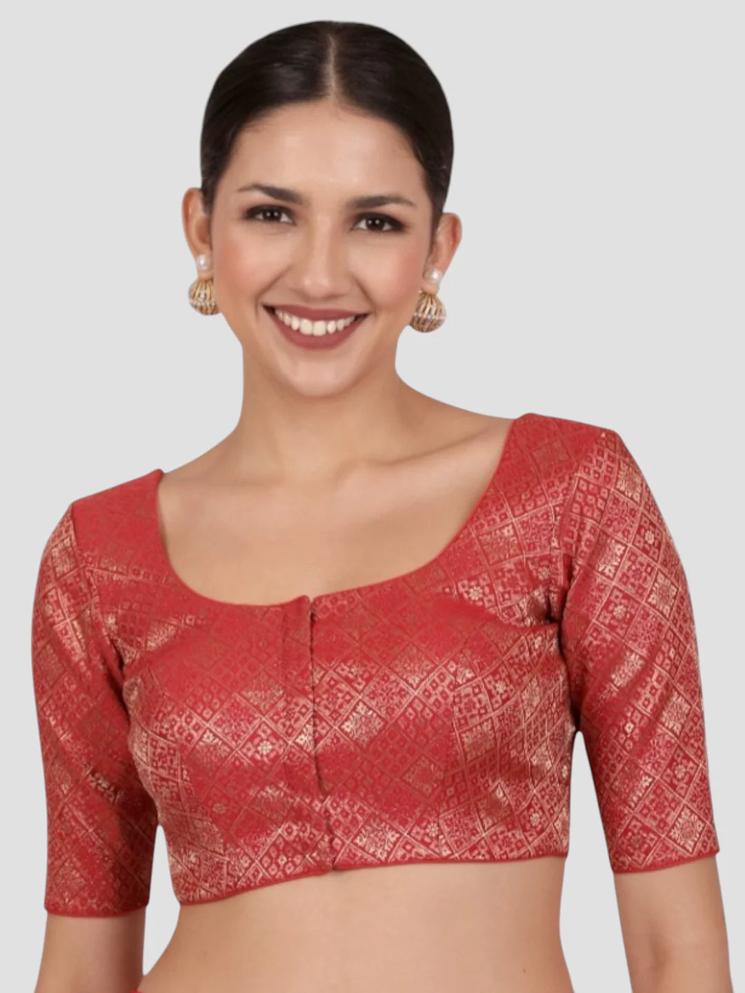 Red Brocade Padded Readymade Saree Blouse