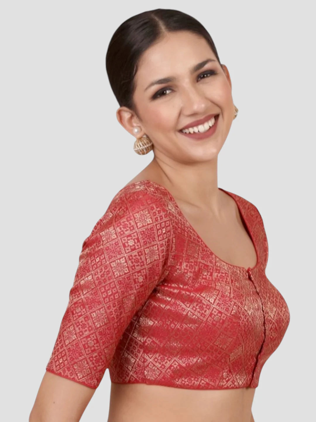 Red Brocade Padded Readymade Saree Blouse