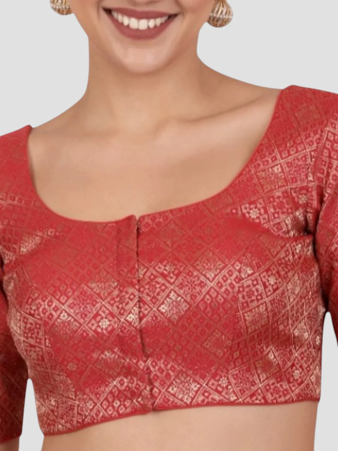 Red Brocade Padded Readymade Saree Blouse