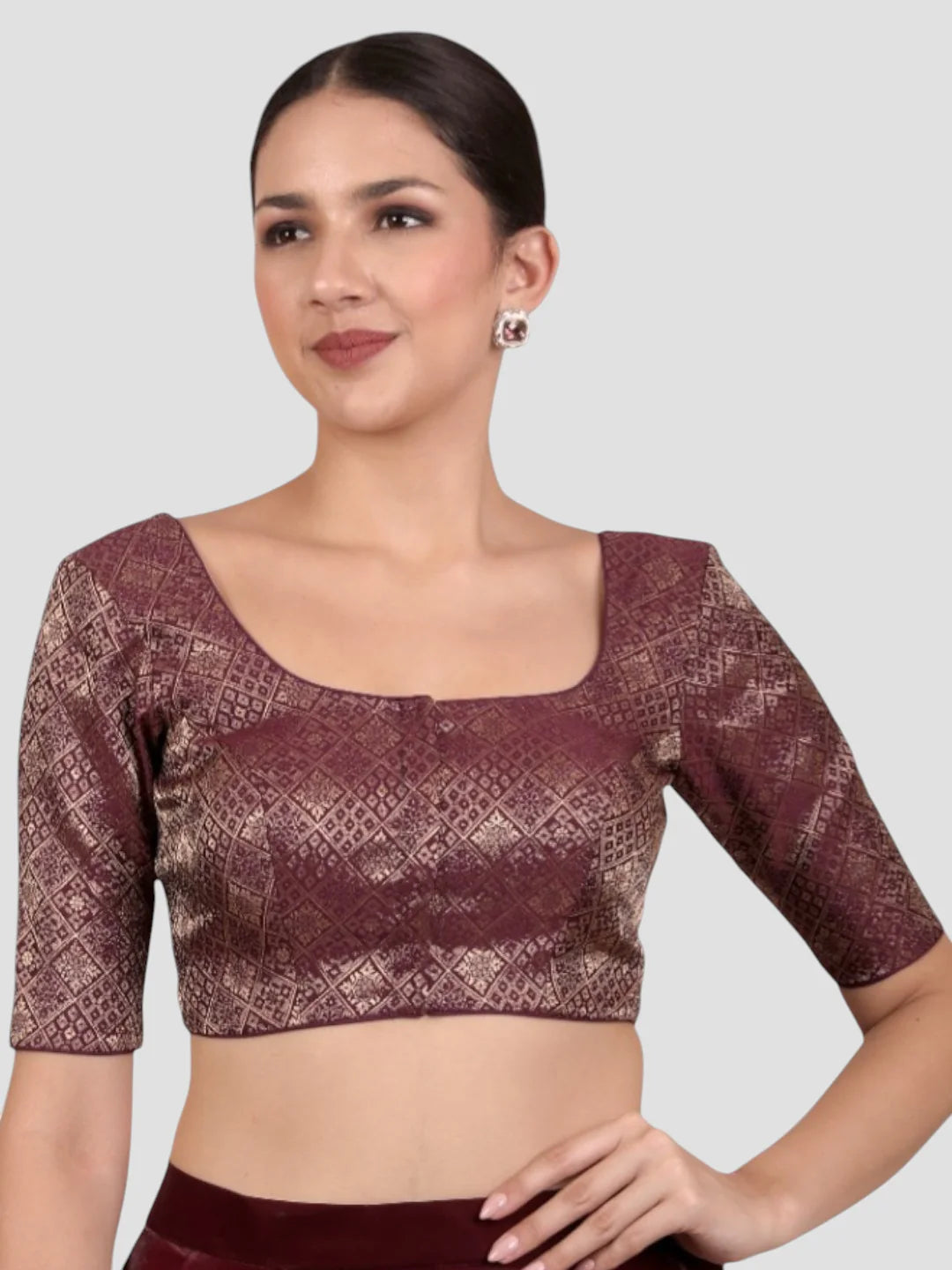 Wine Brocade Padded Readymade Saree Blouse
