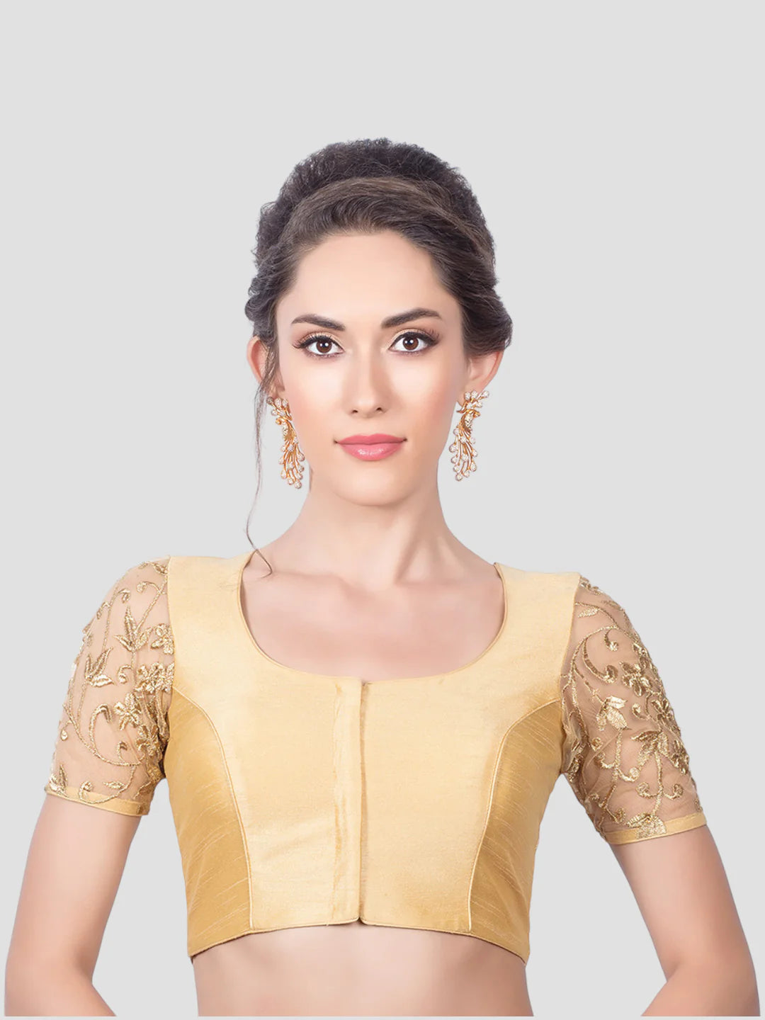 Gold Silk U Neck Half Sleeves Readymade Blouse