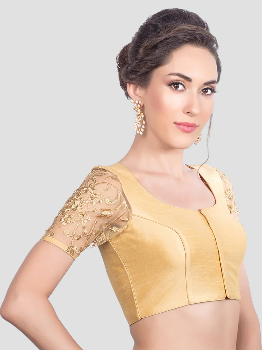 Gold Silk U Neck Half Sleeves Readymade Blouse