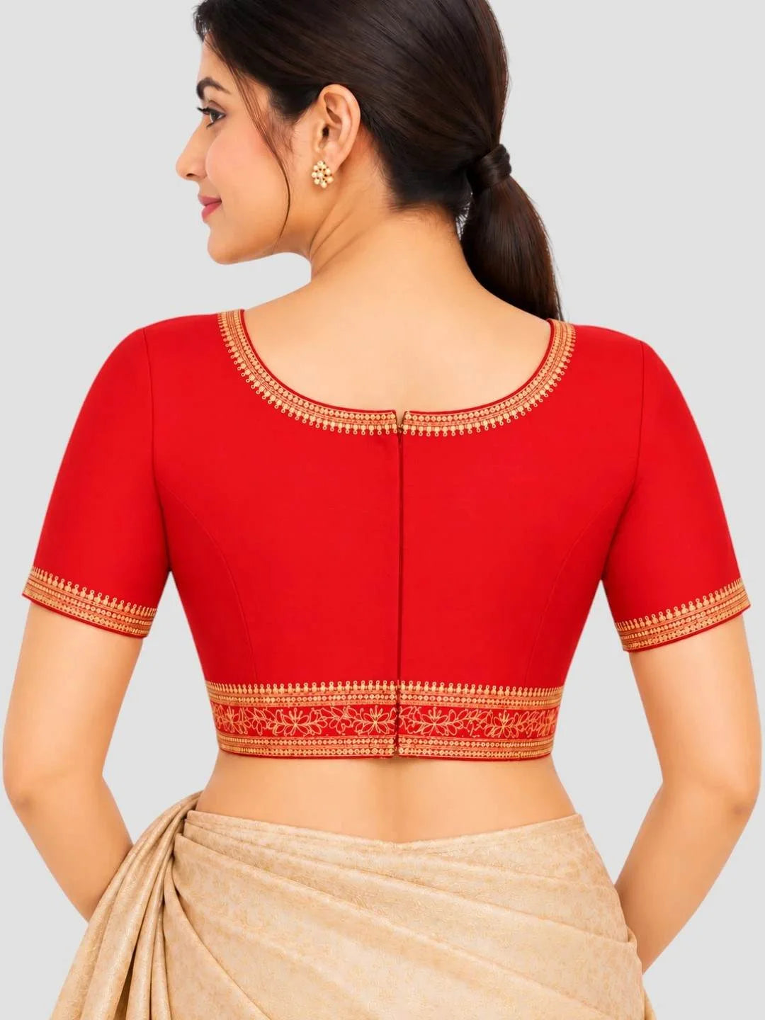 Red Dupion Silk Golden Embroidered Ready-Made Saree Blouse with Sweetheart Neck and Half Sleeves