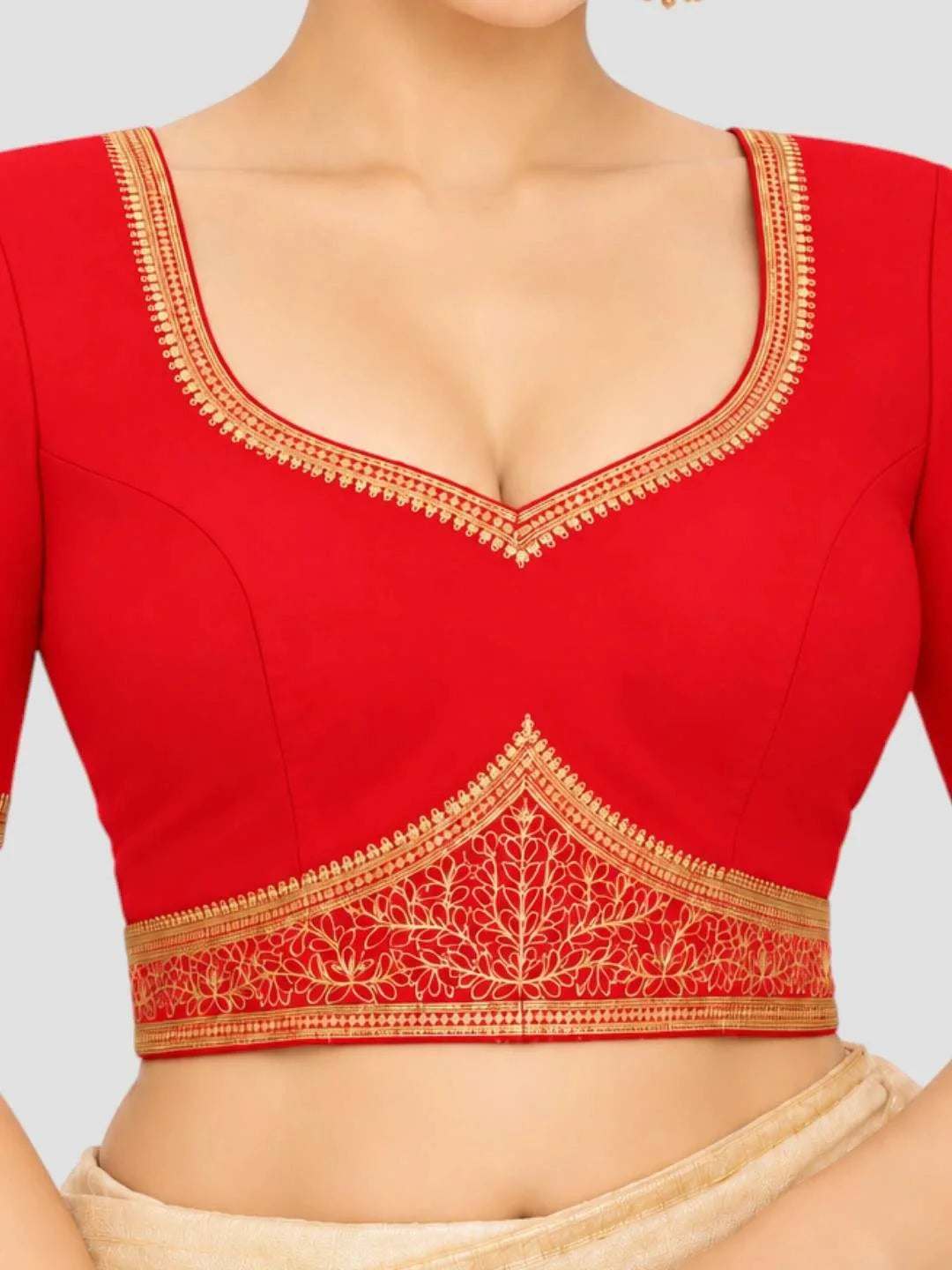 Red Dupion Silk Golden Embroidered Ready-Made Saree Blouse with Sweetheart Neck and Half Sleeves