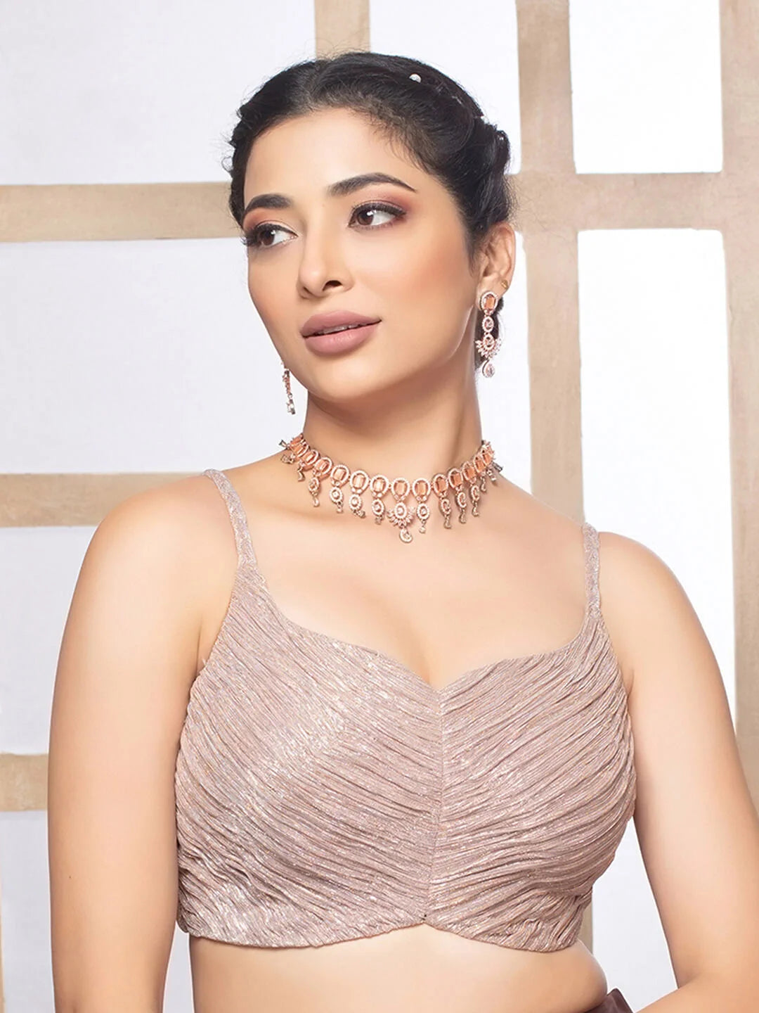 Beige Crush Tissue Deep Neck Sleeveless Readymade Blouse