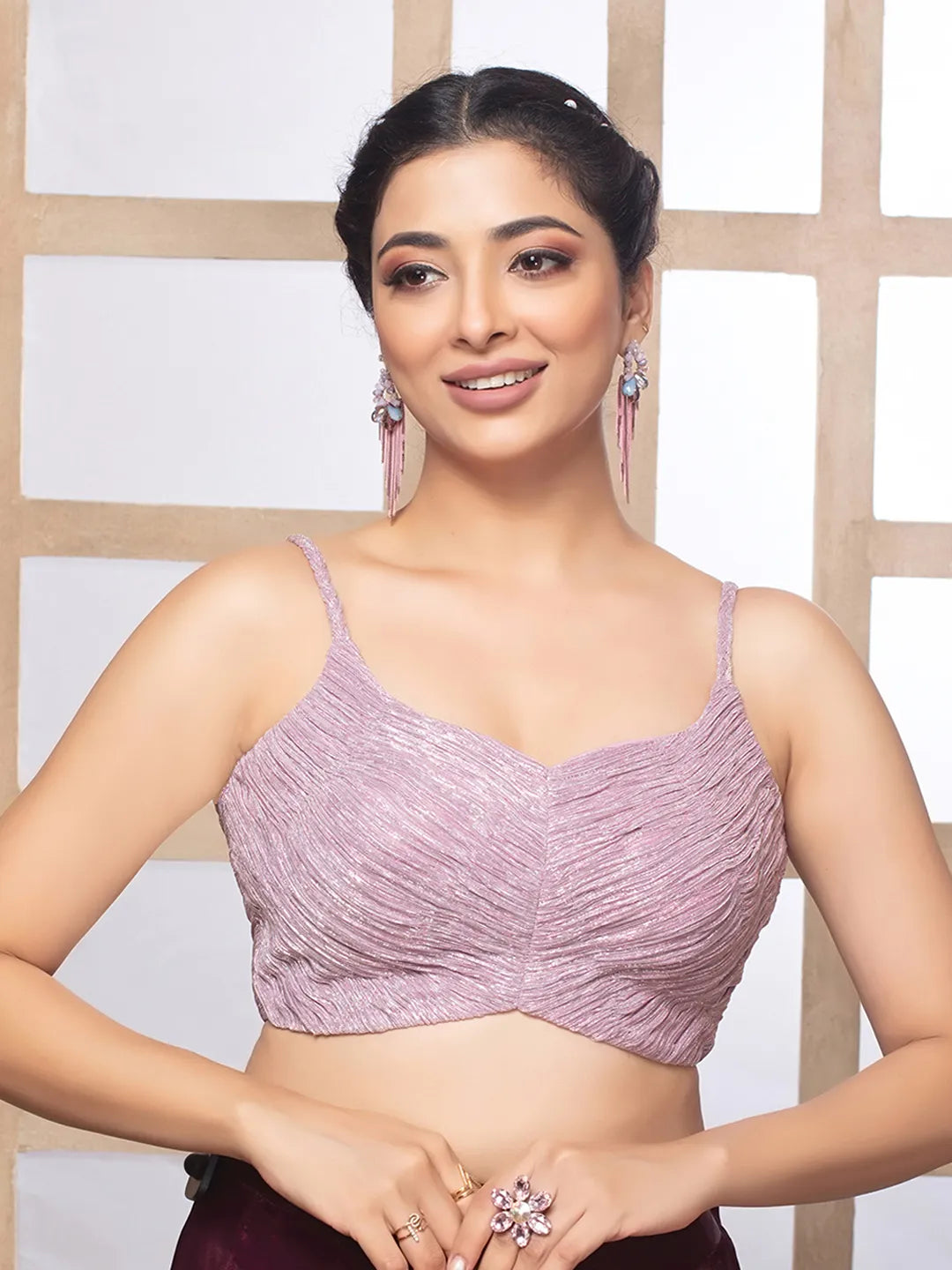 Lavender Crush Tissue Deep Neck Sleeveless Readymade Blouse