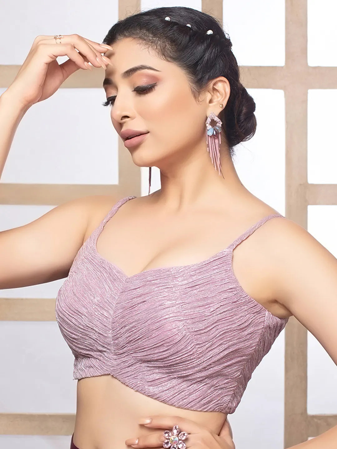 Lavender Crush Tissue Deep Neck Sleeveless Readymade Blouse