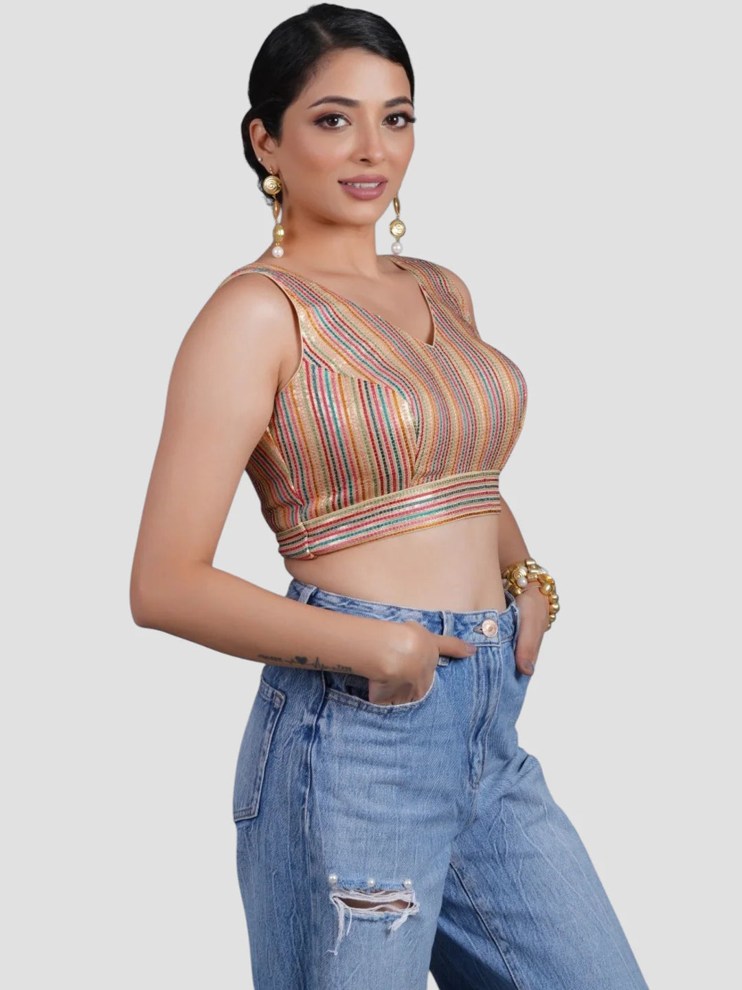 Multicolor Silk V Neck Sleeveless Readymade Blouse