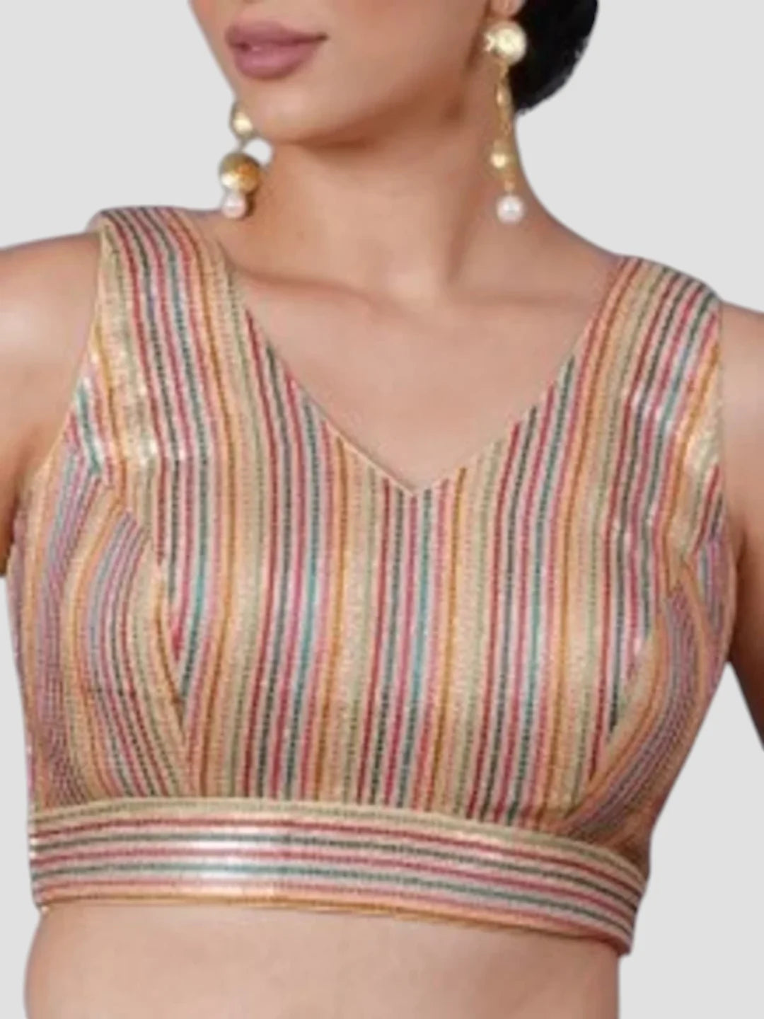Multicolor Silk V Neck Sleeveless Readymade Blouse