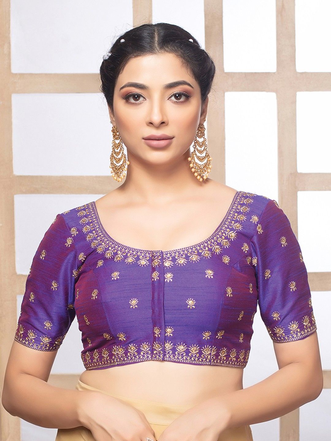 Purple Embroidered Round Neck Half Sleeves Readymade Blouse