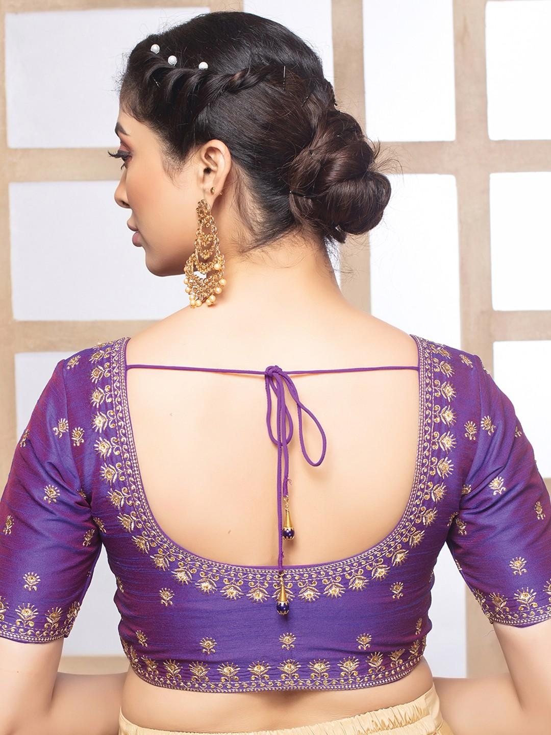 Purple Embroidered Round Neck Half Sleeves Readymade Blouse