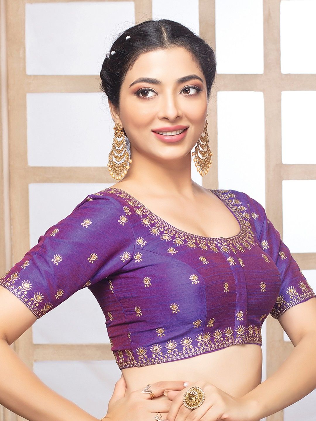 Purple Embroidered Round Neck Half Sleeves Readymade Blouse