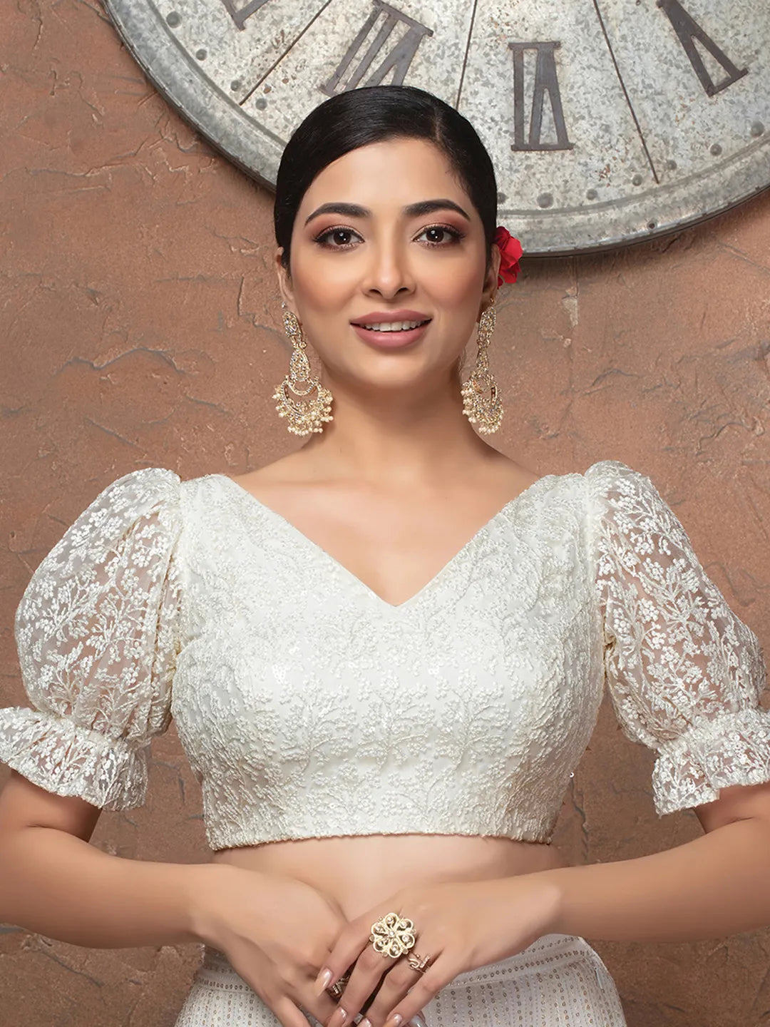 White Net V Neck Puff Sleeves Readymade Blouse