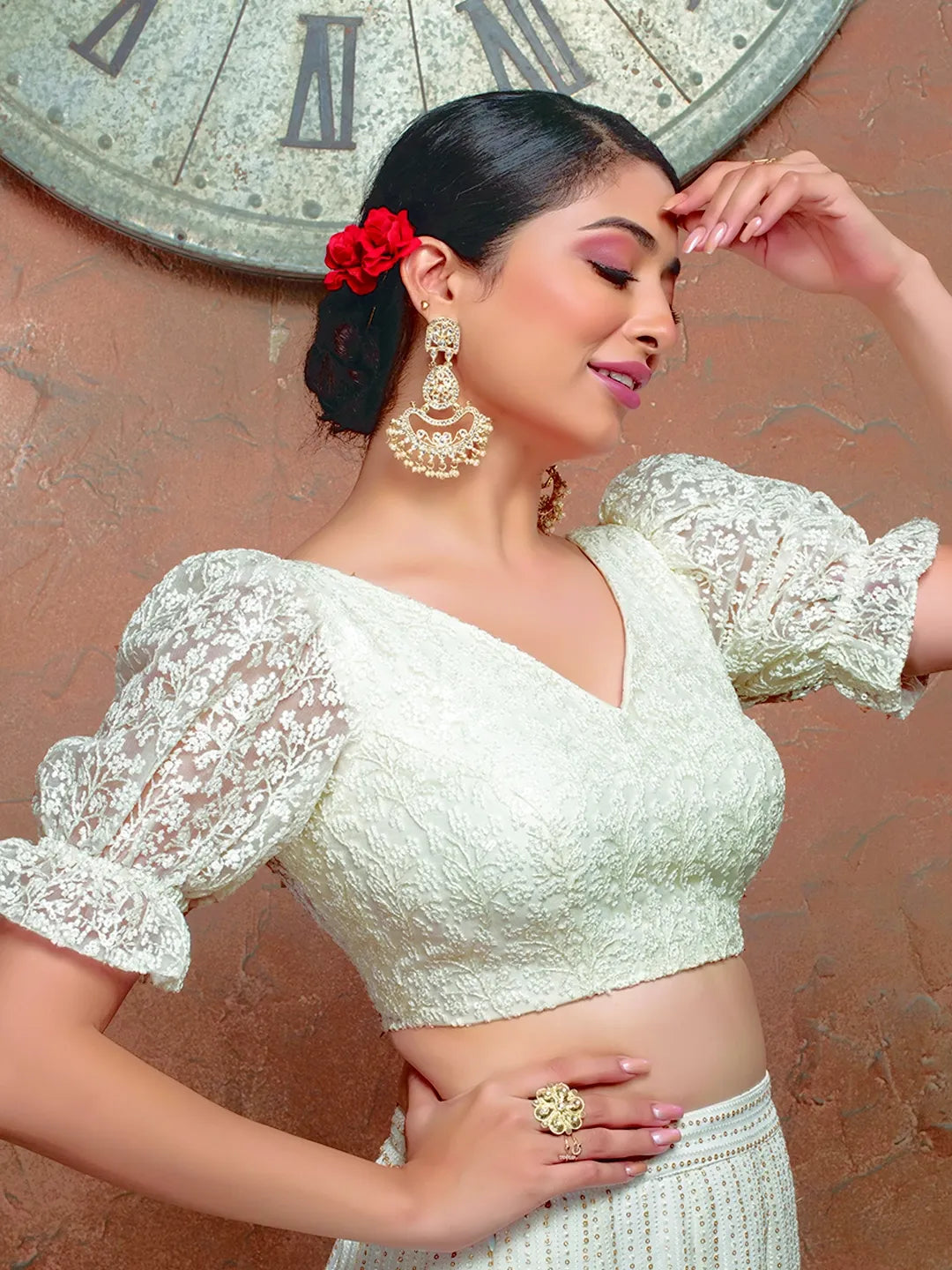 White Net V Neck Puff Sleeves Readymade Blouse