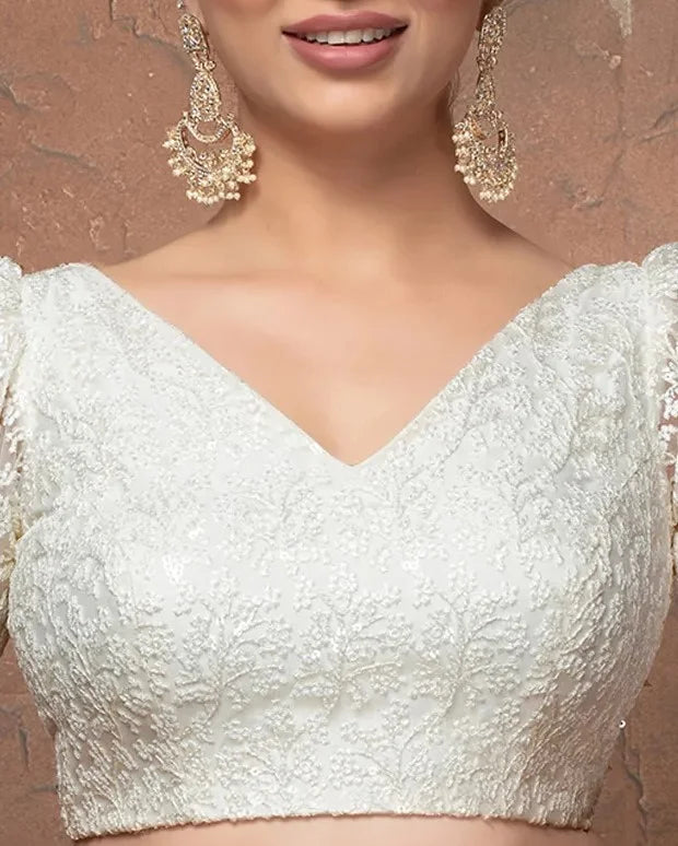 White Net V Neck Puff Sleeves Readymade Blouse
