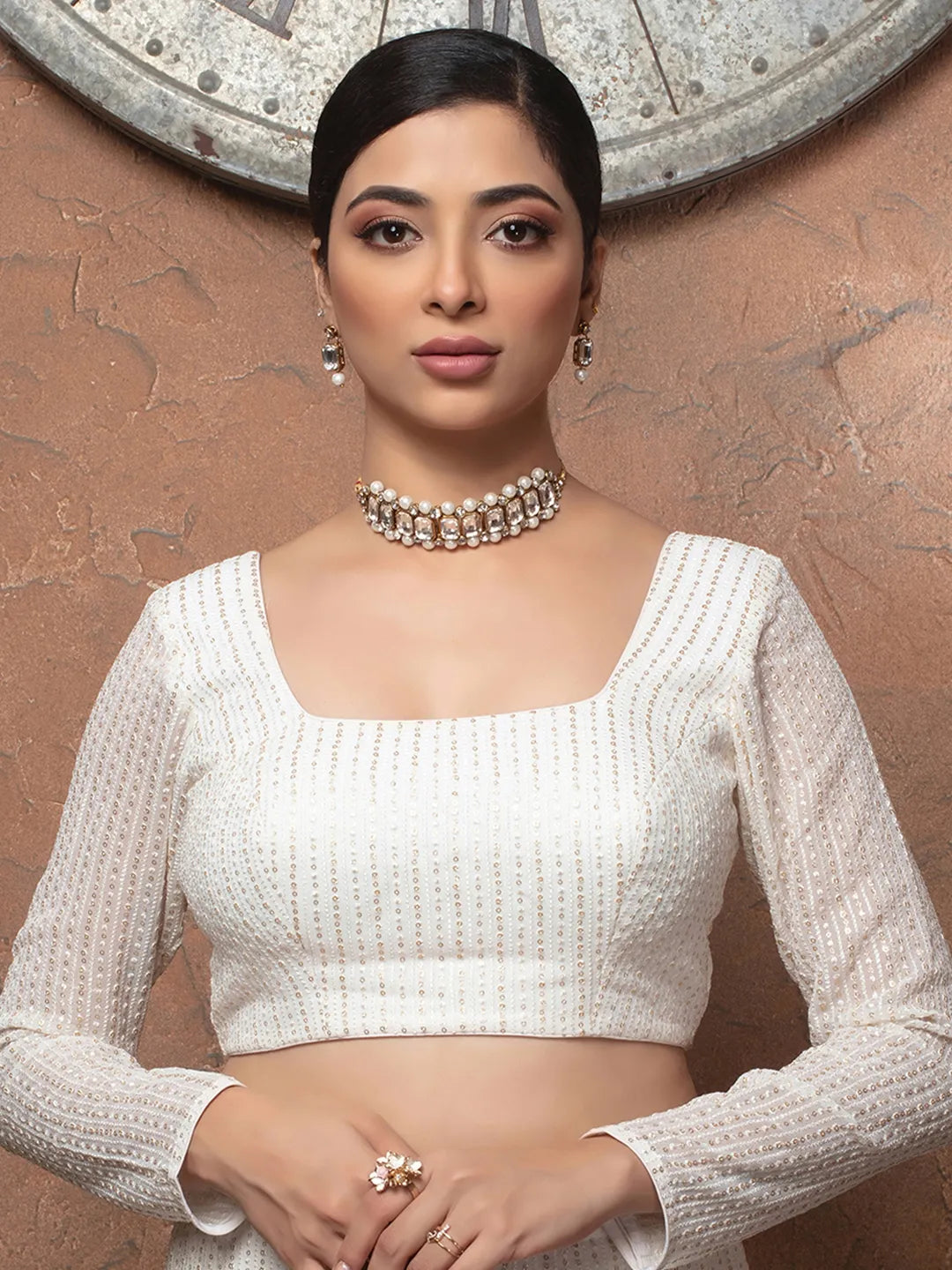 White Georgette Rectangle Neck Full Sleeves Readymade Blouse