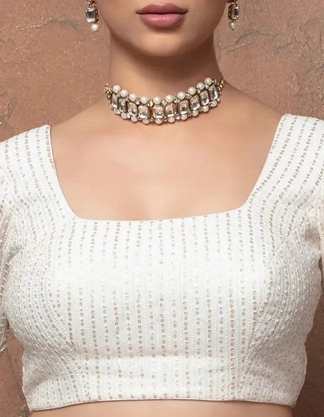 White Georgette Rectangle Neck Full Sleeves Readymade Blouse