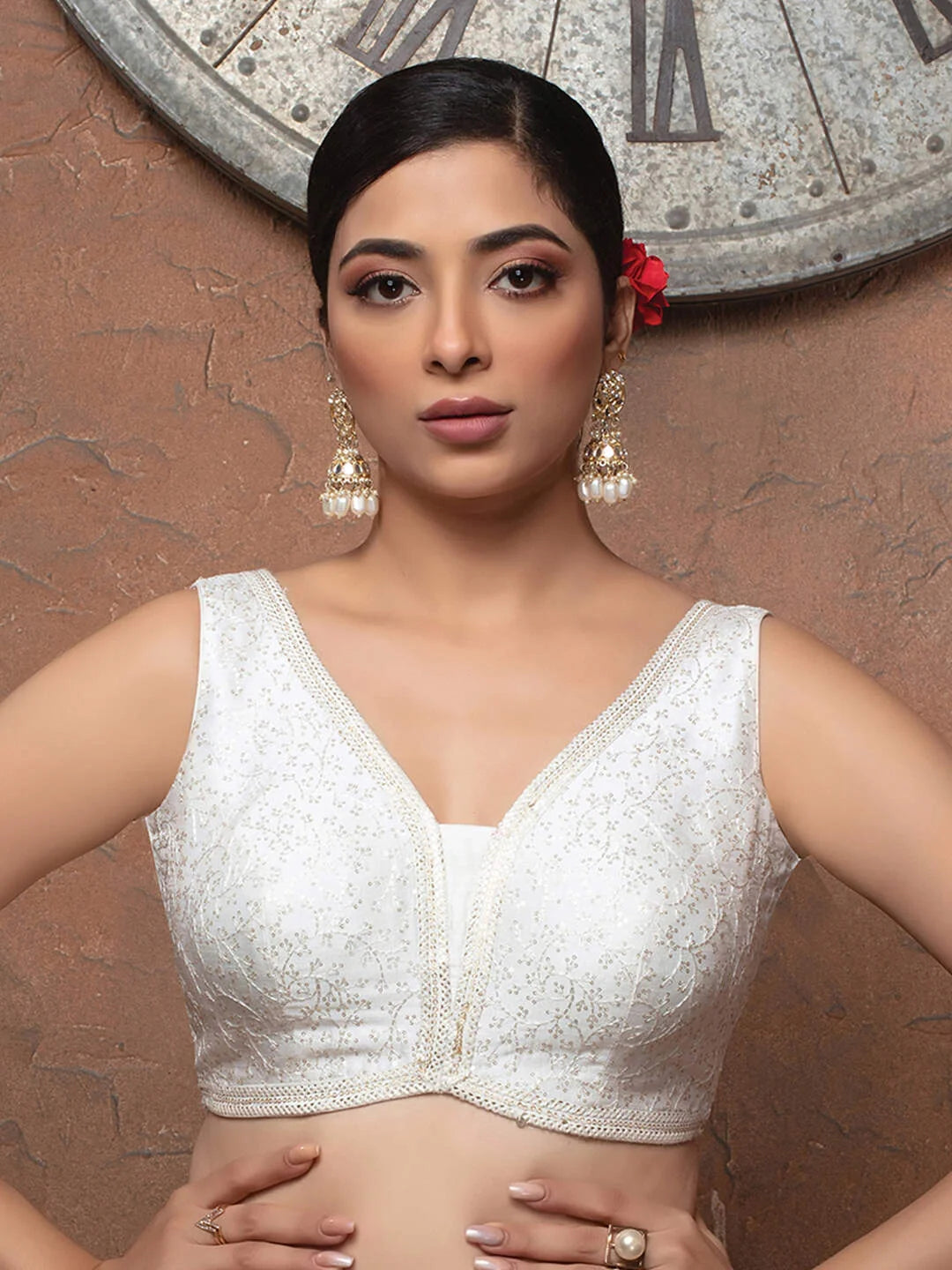 White Silk V Neck Sleeveless Readymade Blouse