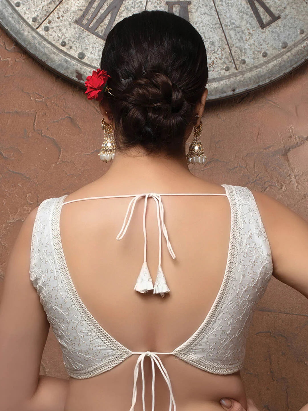 White Silk V Neck Sleeveless Readymade Blouse