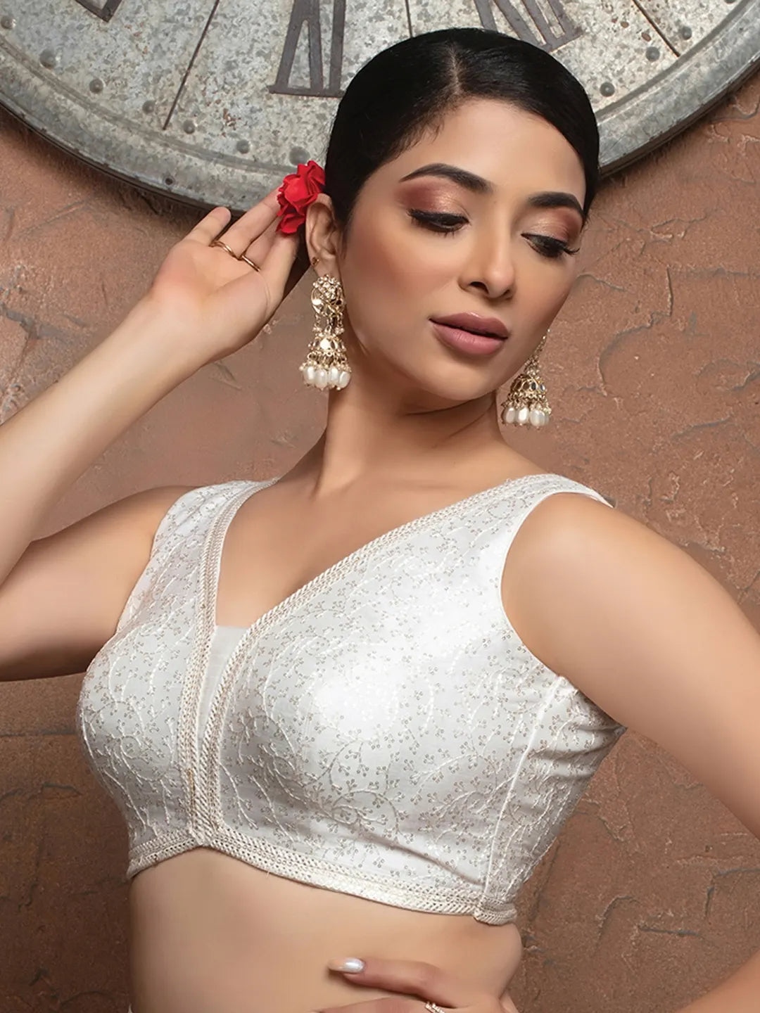 White Silk V Neck Sleeveless Readymade Blouse