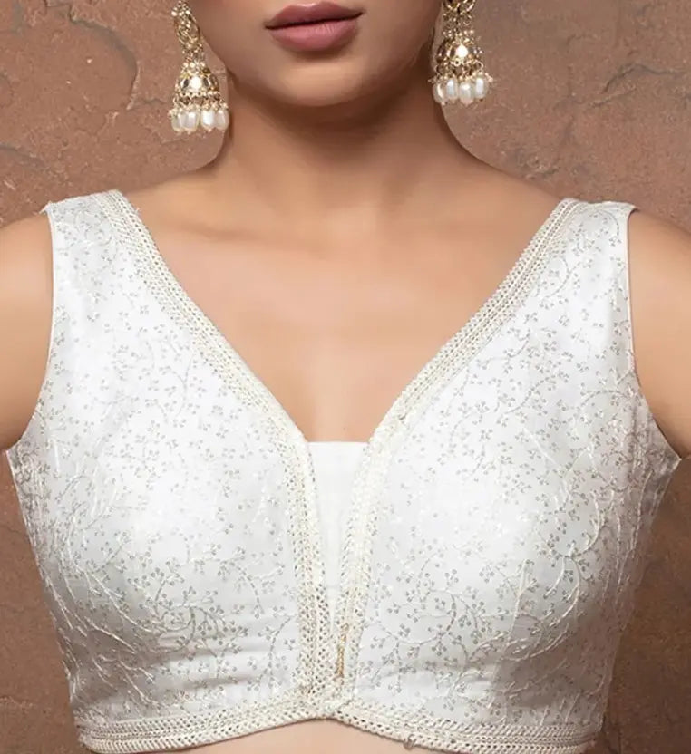White Silk V Neck Sleeveless Readymade Blouse