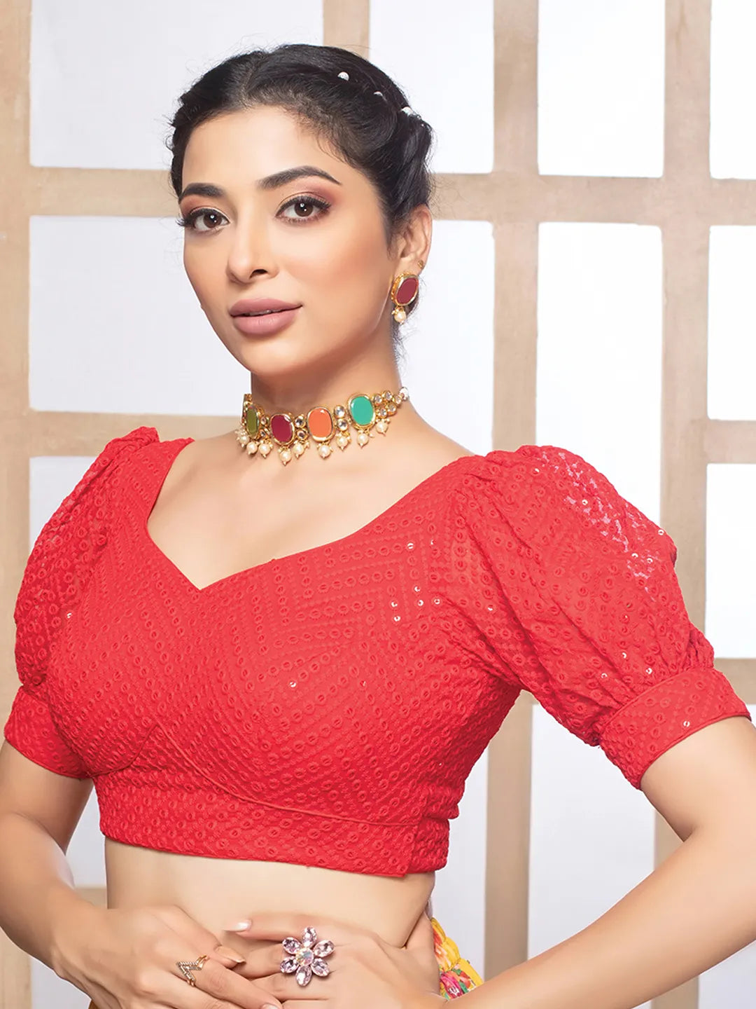 Red Georgette Deep Neck Puff Sleeves Readymade Blouse