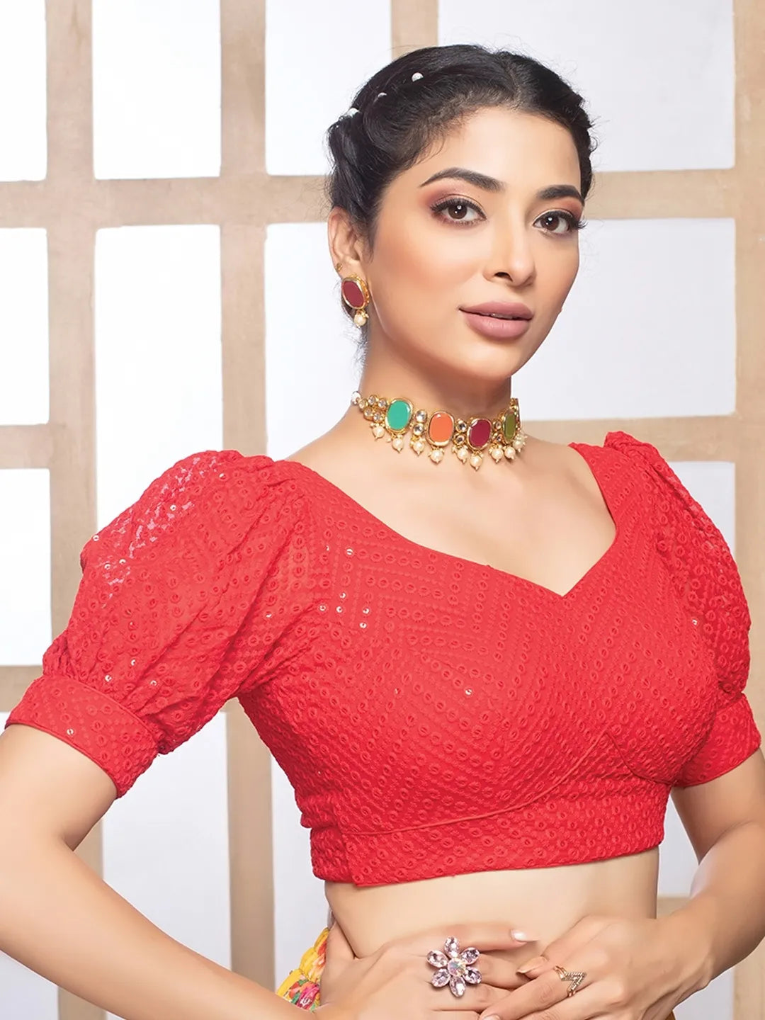 Red Georgette Deep Neck Puff Sleeves Readymade Blouse