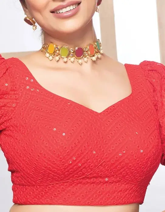 Red Georgette Deep Neck Puff Sleeves Readymade Blouse