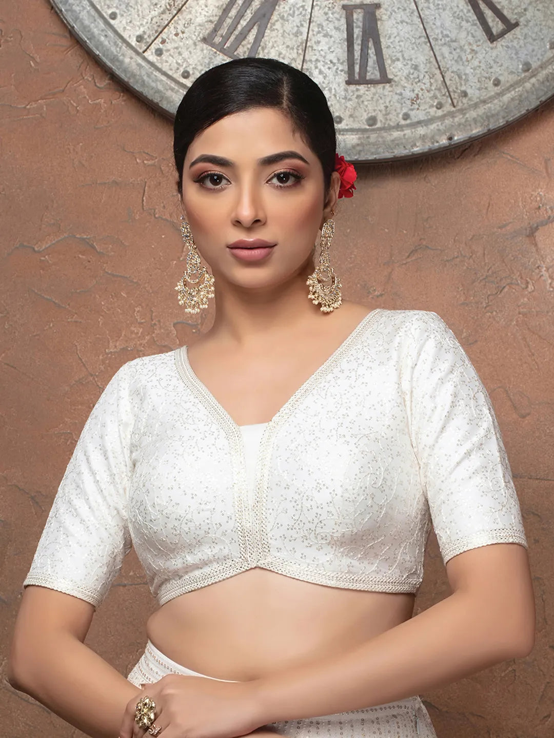 White Silk V Neck Half Sleeves Readymade Blouse