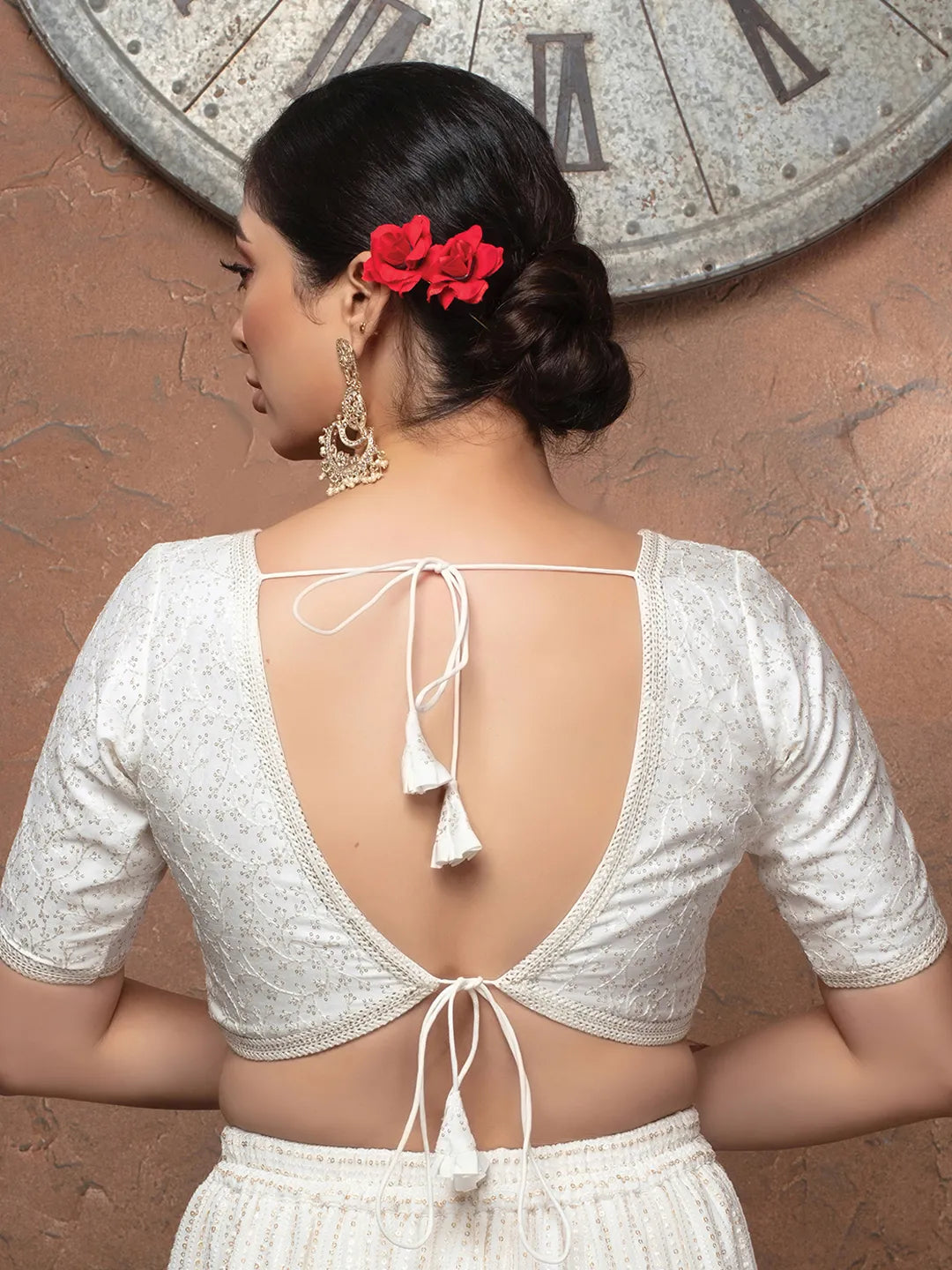 Half Sleeves White Silk V Neck Readymade Blouse