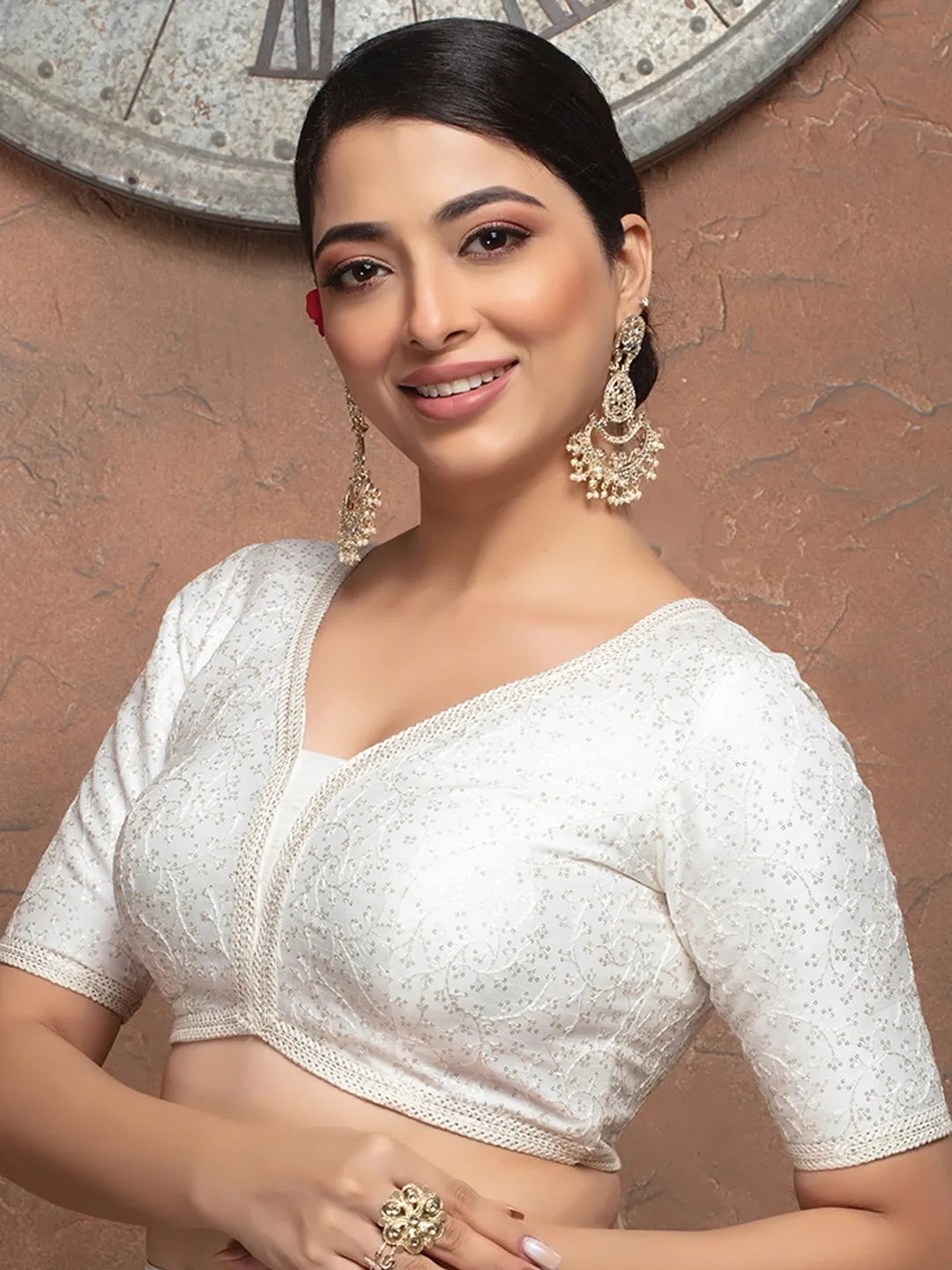 Half Sleeves White Silk V Neck Readymade Blouse