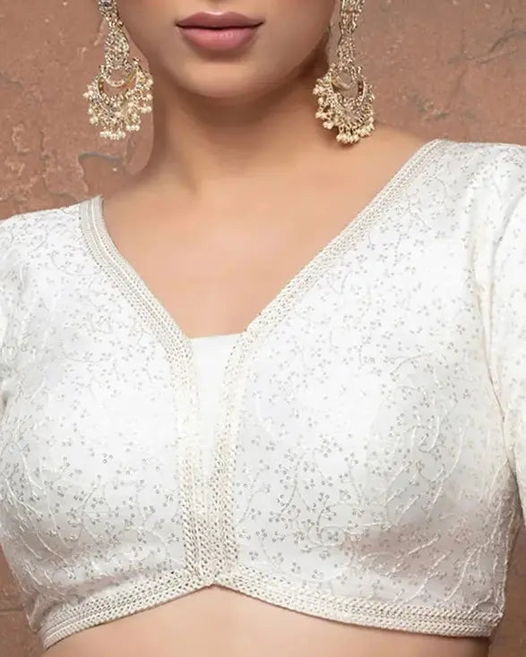 Half Sleeves White Silk V Neck Readymade Blouse