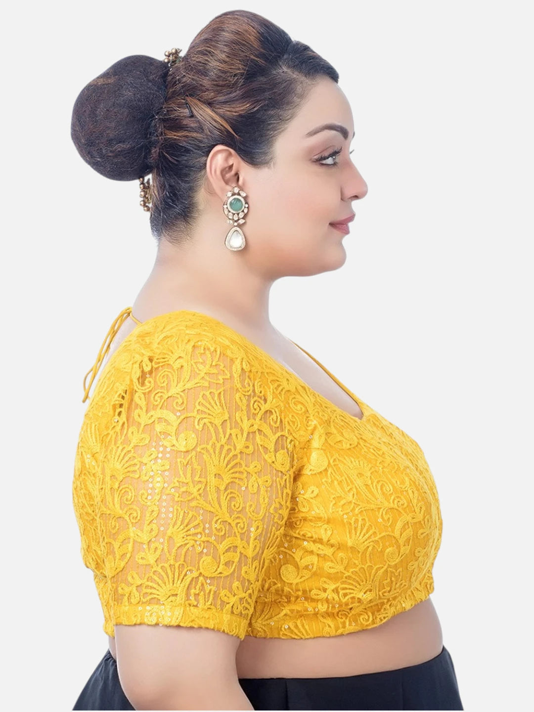 Yellow Net Round Neck Half Sleeves Readymade Blouse