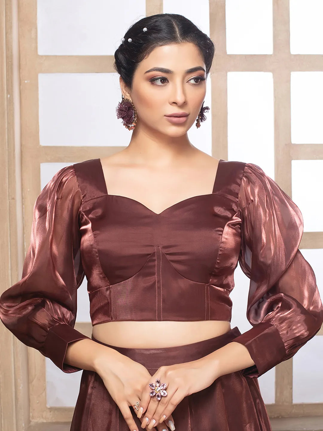 Brown Tissue Sweetheart Neck Full Puff Readymade Blouse