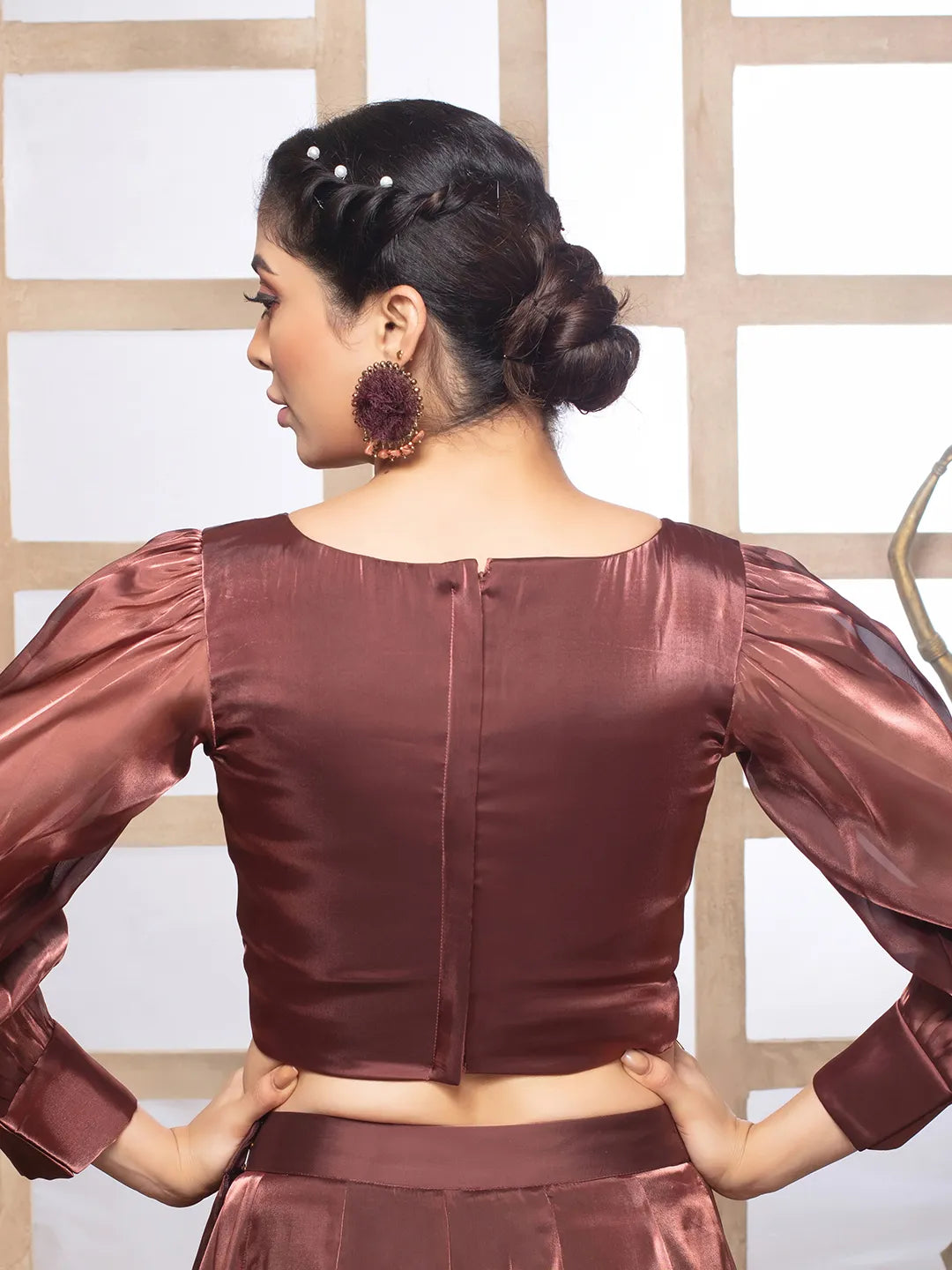 Brown Tissue Sweetheart Neck Full Puff Readymade Blouse