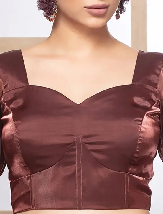 Brown Tissue Sweetheart Neck Full Puff Readymade Blouse