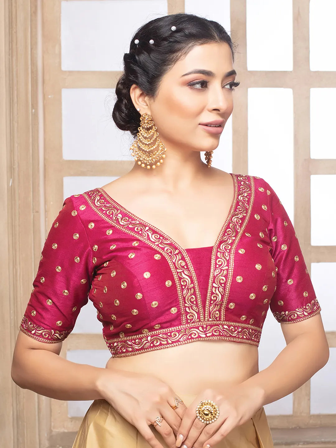 Rani Pink Silk V Neck Half Sleeves Readymade Blouse