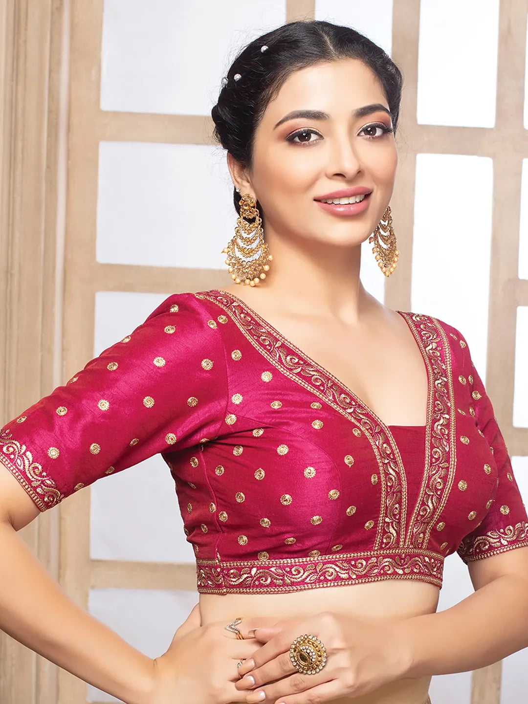 Rani Pink Silk V Neck Half Sleeves Readymade Blouse