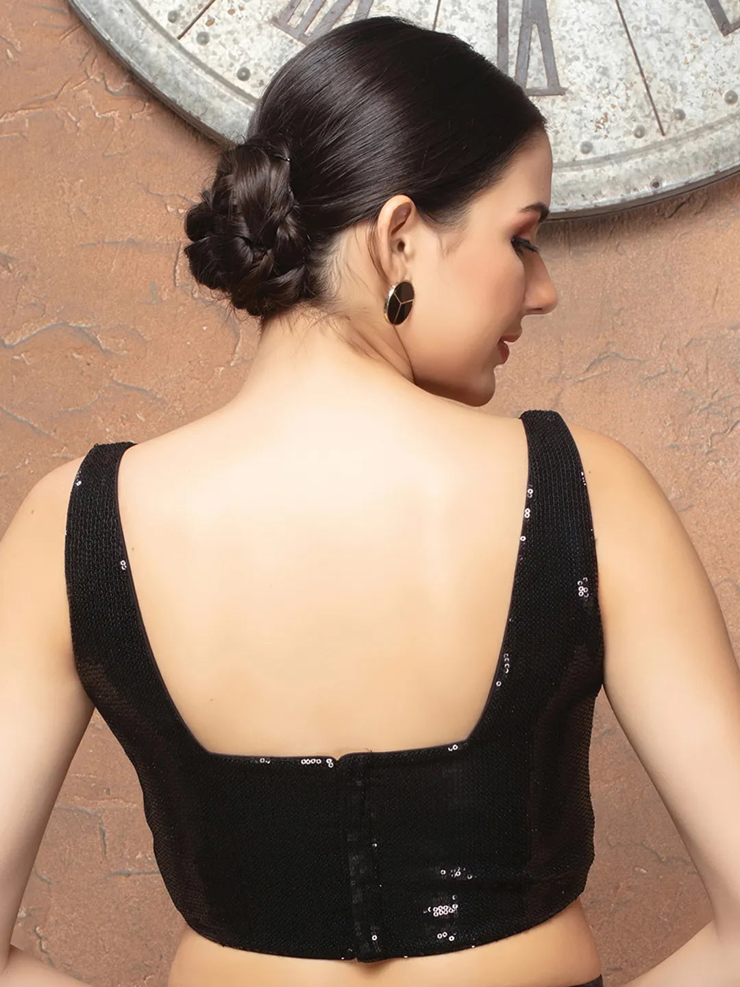 Black Sequence Square Neck Sleeveless Readymade Blouse