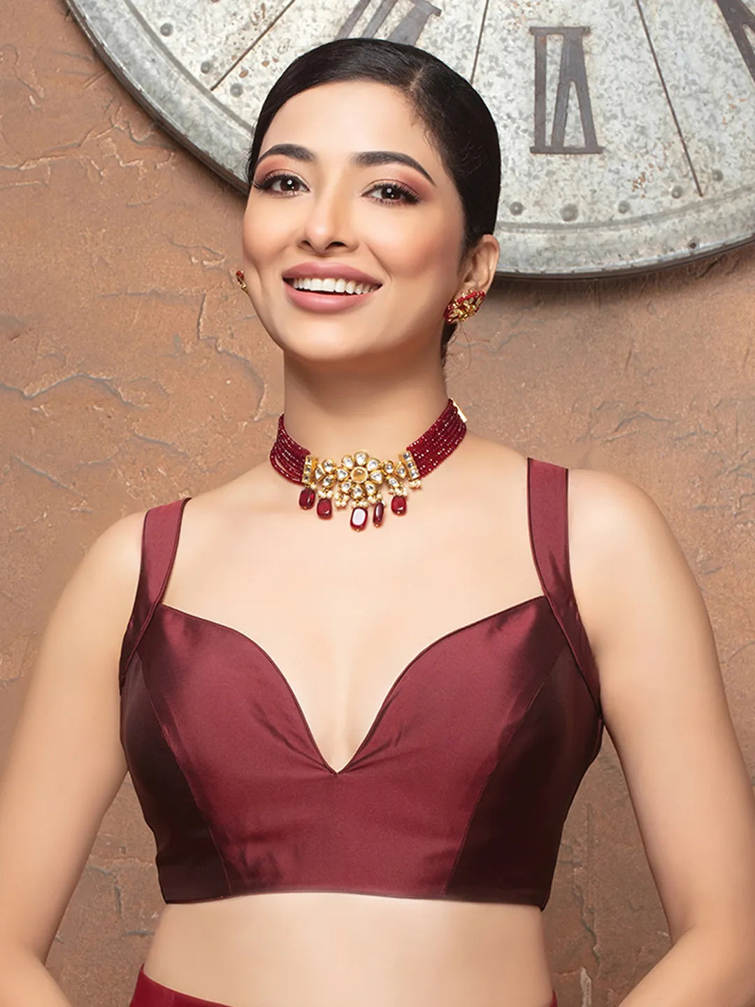 Maroon Silk Deep Neck Sleeveless Readymade Blouse