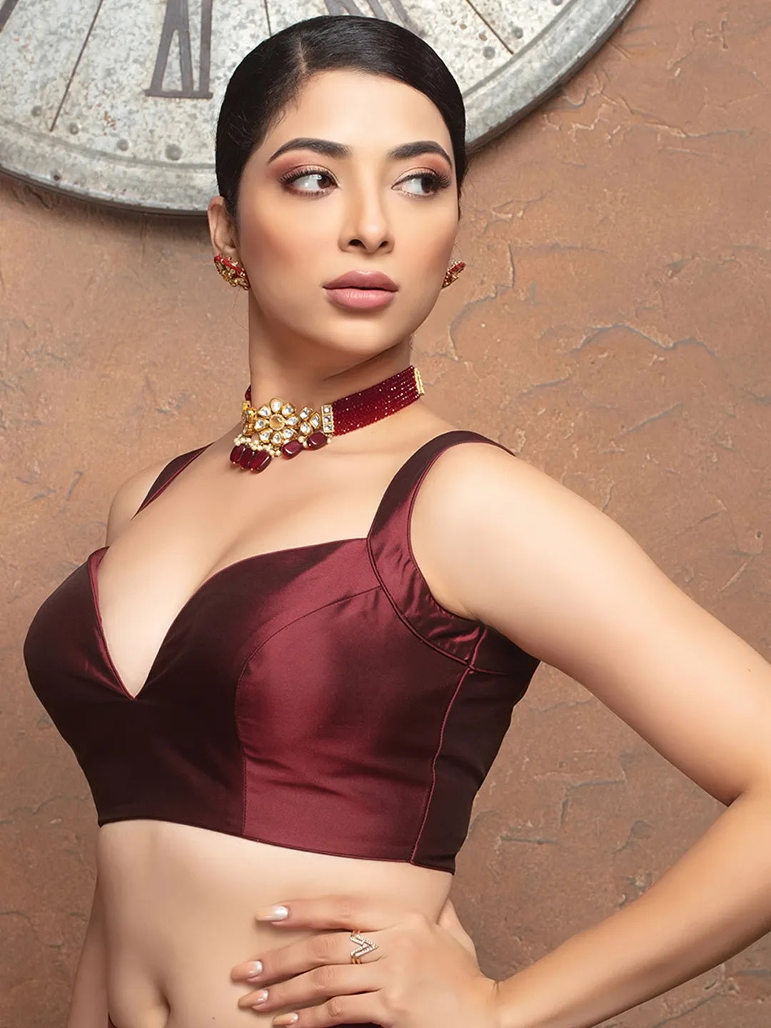 Maroon Silk Deep Neck Sleeveless Readymade Blouse