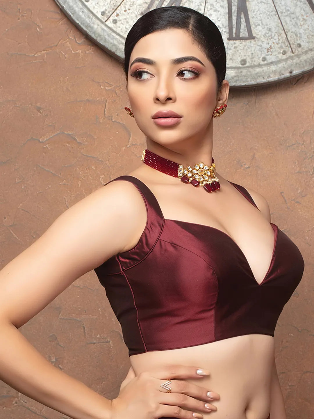 Maroon Silk Deep Neck Sleeveless Readymade Blouse