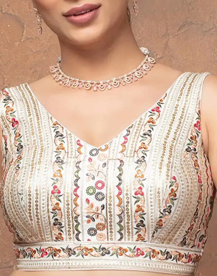 V Neck White Silk Sleeveless Readymade Blouse