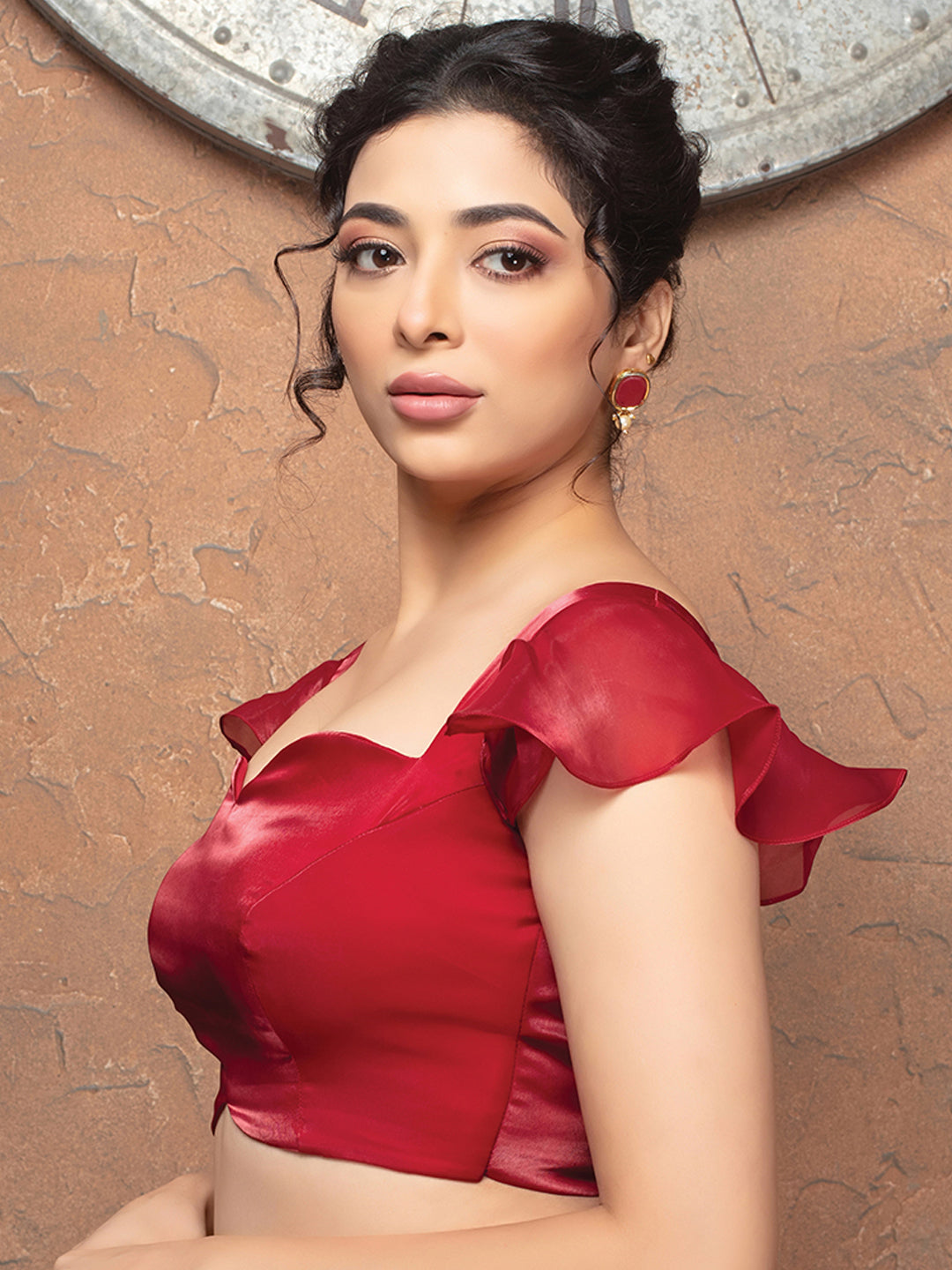 Red Crush Tissue Sweetheart Neckline Readymade Blouse