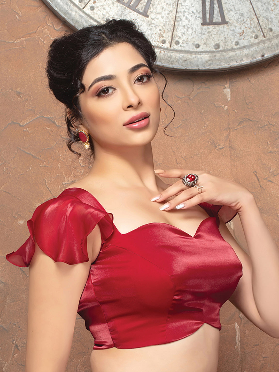 Red Crush Tissue Sweetheart Neckline Readymade Blouse