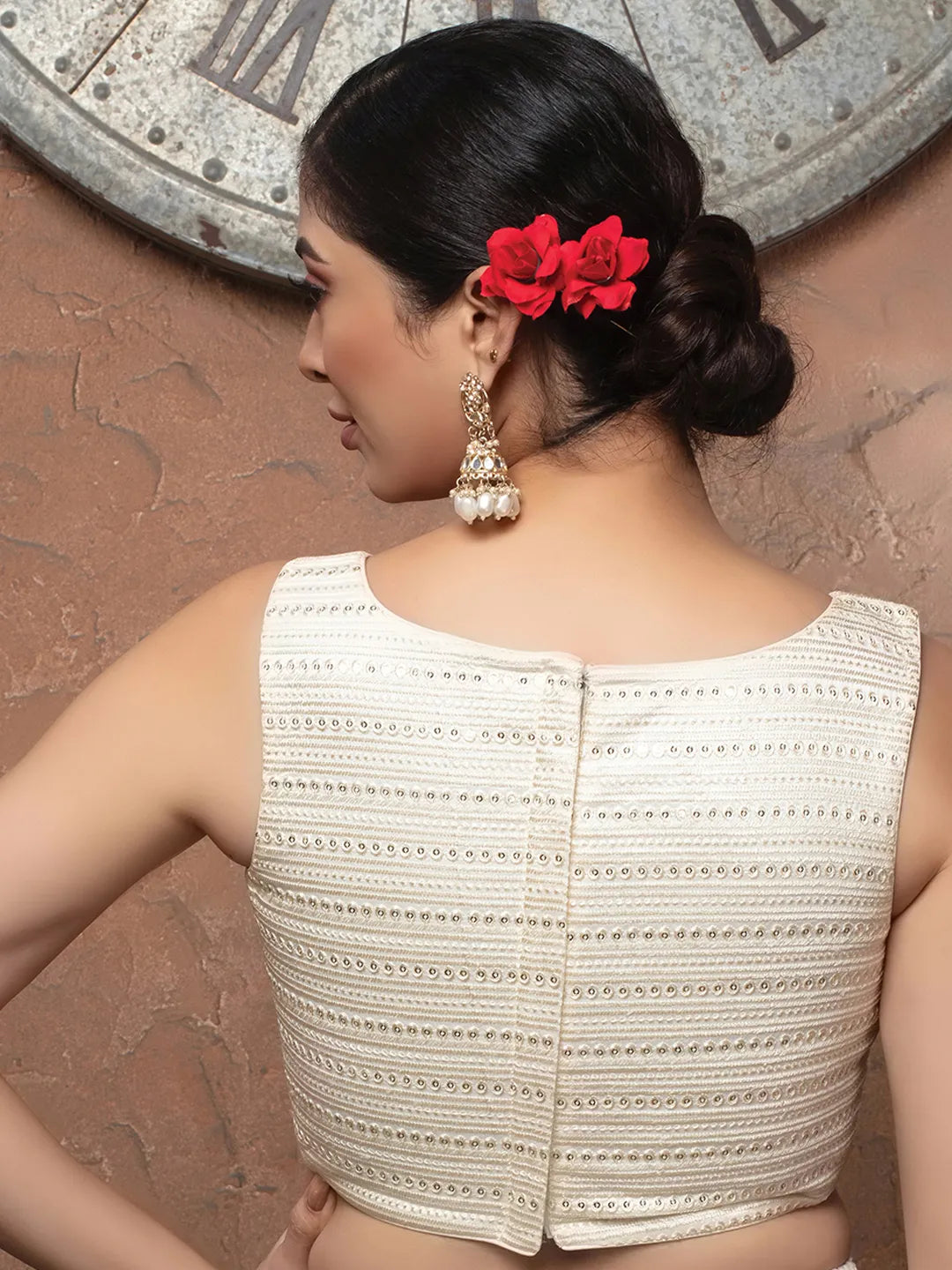 White Sequence Boat Neck Sleeveless Readymade Blouse